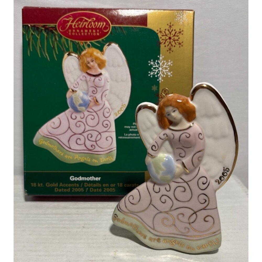 Godmother Ornament Heirloom 18Kt Gold Accent Porcelain Angel Holding Earth 2005